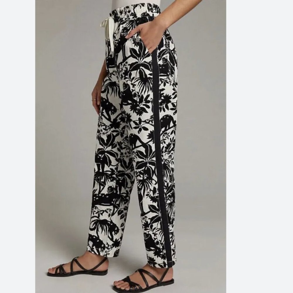 MAEVE BY ANTHROPOLOGIE TENLEY BLACK WHITE JUNGLE ANIMAL PRINT TWILL TRACK PANTS